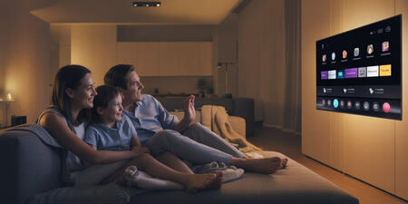 Modern living room with smart TV and cozy home theater setup